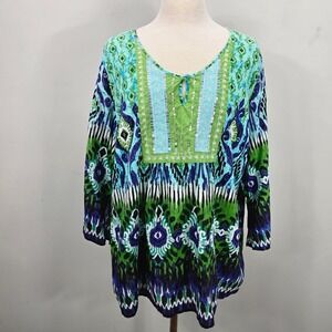 Bila Anthropologie Tunic Top 3X Green Sequins Embroidered Boho Cottage Prairie